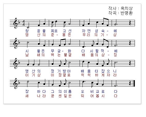 창공을 찌르고선 자연 성속에
시들은 무궁화 다시 필적에
앵산의 정기받아 배움터 잡으니
장하다 그 의 이름 오비교로다

앵산의 준봉은 우리의 기상
남해의 뛰는 물결 배움의 상징
이기상 이 정열로 씩씩하게 자라
새 나라 굳센 일꾼 되어봅시다